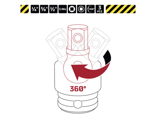 Illustratie van een 360 graden draaibaar universeel scharnier met de maten 1/4 inch, 3/8 inch en 1/2 inch, gemaakt van chroom-molybdeenstaal