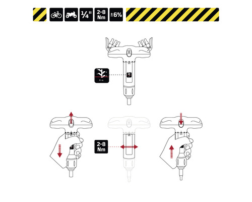 Instructies voor het gebruik van een momentsleutel voor fietsen en motorfietsen met een afmeting van 1/4 inch en een koppel van 2 tot 8 Newtonmeter bij een tolerantie van ongeveer zes procent.