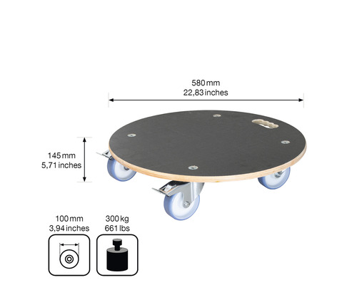 Ronde meubelroller van hout met vier wielen en maataanduidingen