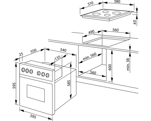 Technische tekening van een fornuis met afmetingen voor keukenplanning