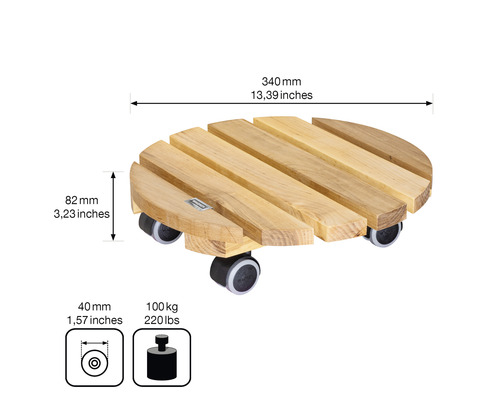 Ronde plantenroller van hout met wielen en de afmetingen 340 mm breed en 82 mm hoog