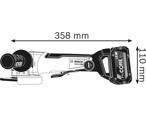 Technische tekening van een haakse slijper met afmetingen: 358 millimeter lengte en 110 millimeter hoogte.