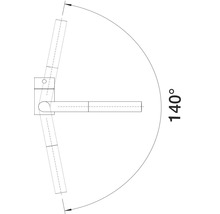 Diagram toont een zwenkbereik van 140 graden.
