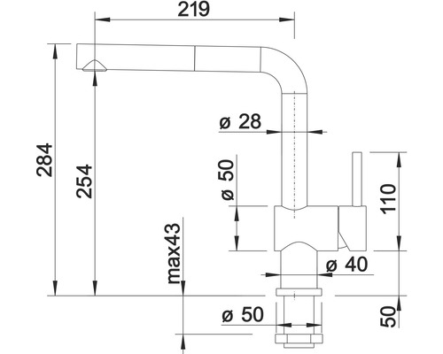 Technische tekening van een keukenkraan met maatvoering