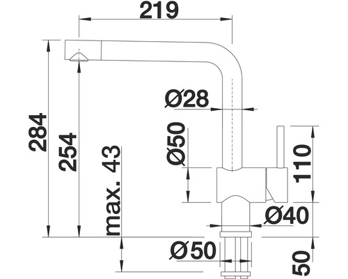 Technische tekening van een keukenkraan met maatvoering