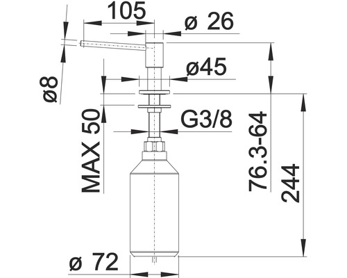 Technische tekening van een zeepdispenser met afmetingen