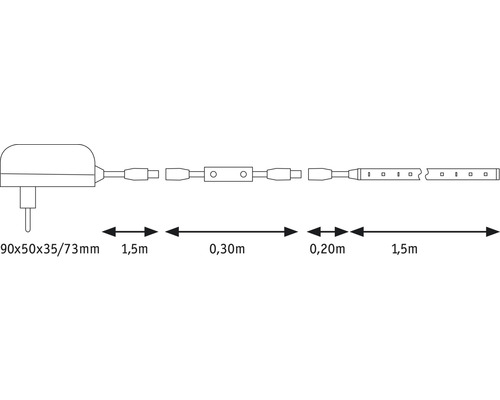 Afbeelding van een LED-lichtsnoer met stekker en maataanduidingen