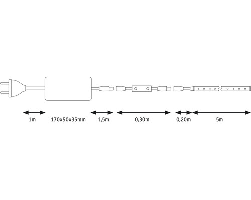 Schematische tekening van een LED-strip met toevoerleiding, stekker en afmetingen.