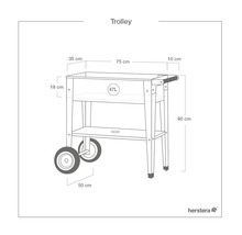 Technische tekening van een trolley met afmetingen