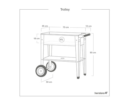 Technische tekening van een trolley met afmetingen
