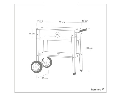 Technische tekening van een planttafel met de afmetingen 35 cm diep, 75 cm breed en 18 cm hoog, 47 liter inhoud, evenals met opbergplank en wielen. De hoogte is 80 cm en de wielmaat is 50 cm.
