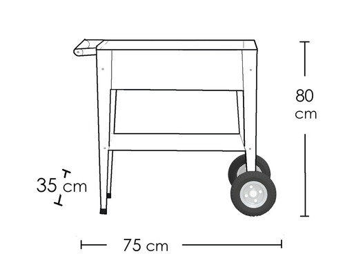 Schets van een serveerwagen met de afmetingen 80 x 75 x 35 cm.