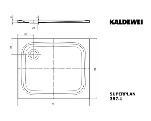 Technische tekening van een Kaldewei Superplan douchebak met afmetingen
