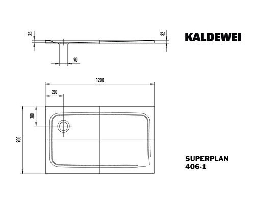 Kaldewei Superplan 406-1 douchebak technische tekening met afmetingen