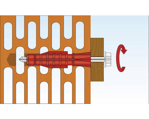 Illustratie van een plug in een geperforeerde gevel met schroef en rotatiepijl
