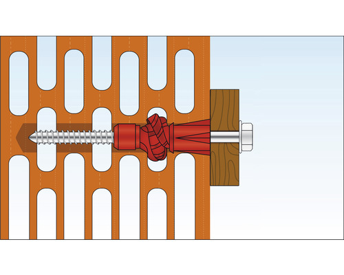 Illustratie van een schroef met plug in een geperforeerde gevel voor de bevestiging van een stuk hout.