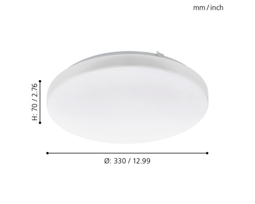 Ronde plafondlamp met de afmetingen 330 bij 70 millimeter