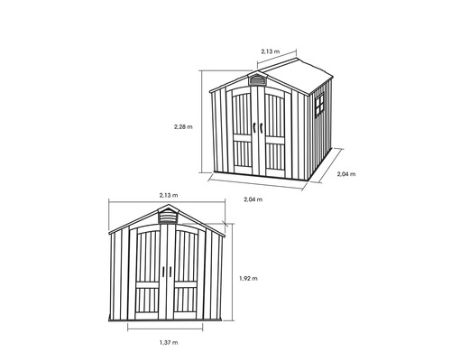 Technische tekening van een tuinhuis met maatvoering