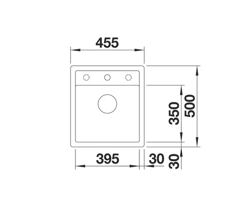 Tekening van een spoelbak met afmetingen