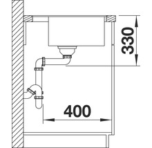 Technische tekening van een spoelbak met afmetingen voor keukenplanning