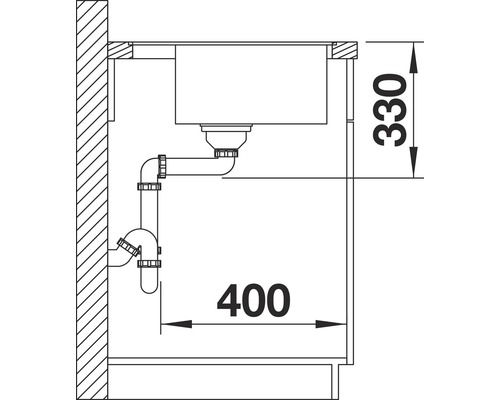 Technische tekening van een spoelbak met afmetingen voor keukenplanning