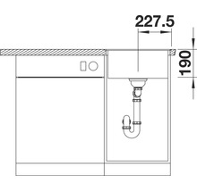 Technische tekening van een spoelbak met afmetingen 227,5 en 190.