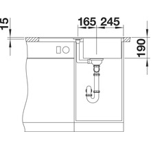 Schets van een spoelbak met afmetingen voor installatie