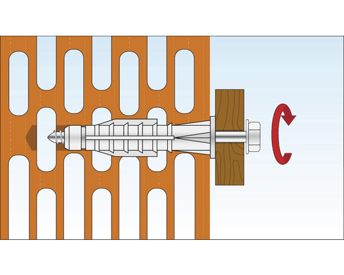 Bevestiging van een schroef met plug in een geperforeerde steen