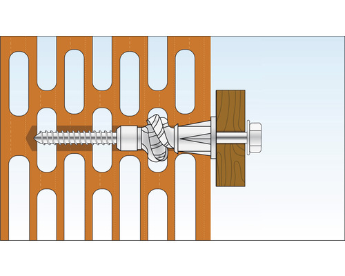 Bevestiging van een schroef met plug in een geperforeerde gevel.