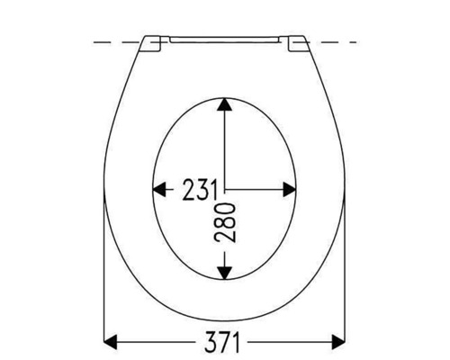 Technische tekening van een toiletbril met maatvoering