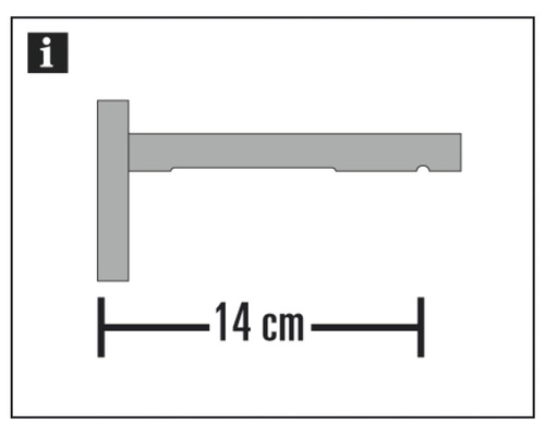 Technische tekening van een wandplankdrager met een lengte van 14 centimeter