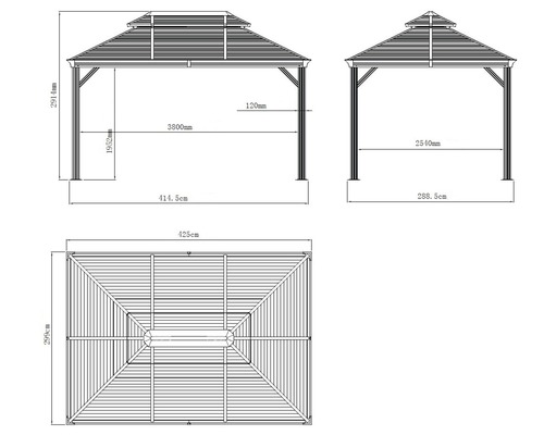 Technische tekening van een tuinpaviljoen met maatvoering