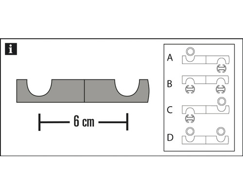 Afbeelding van een steunblok met een lengte van 6 cm en een weergave van vier bevestigingsmethoden.