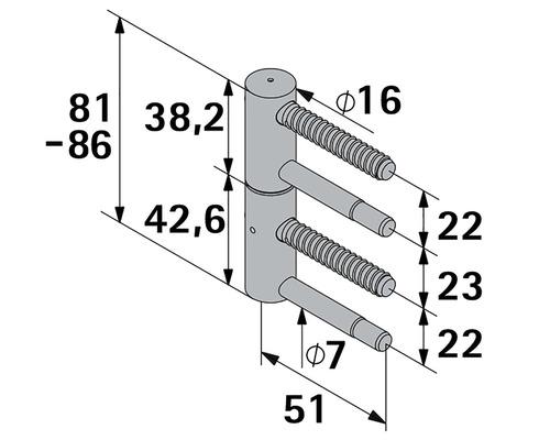 Technische tekening van een scharnier met afmetingen