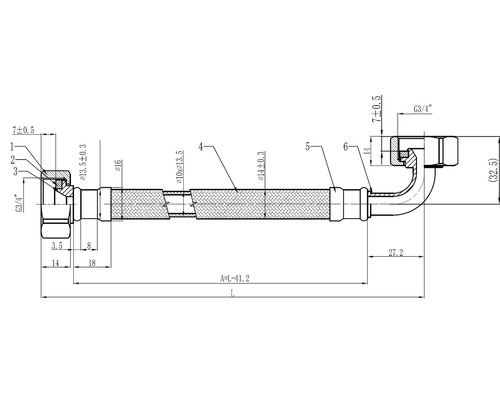 Technische tekening van een flexibele slang met G3/4 inch aansluitingen en maataanduidingen