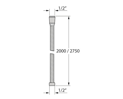 Schema van een flexibele slang met een lengte van 2000 of 2750 en een diameter van een halve inch.