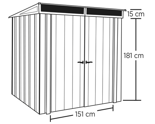 Afbeelding van een tuinhuis met maataanduidingen