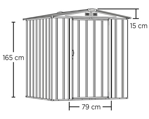 Afbeelding van een tuinhuis met de afmetingen 165 cm hoog, 79 cm breed en 15 cm dakhoogte