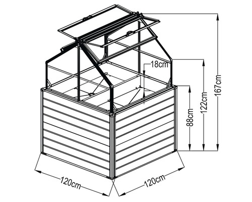 Afbeelding van een verhoogde kweekbak met afmetingen.