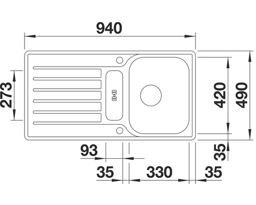 Tekening van een gootsteen met afmetingen