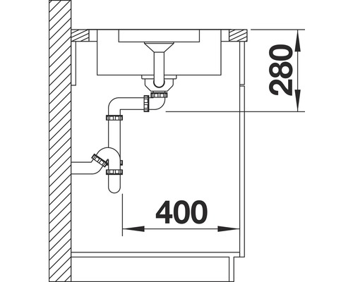 Schets van een spoelbak met afmetingen voor installatie