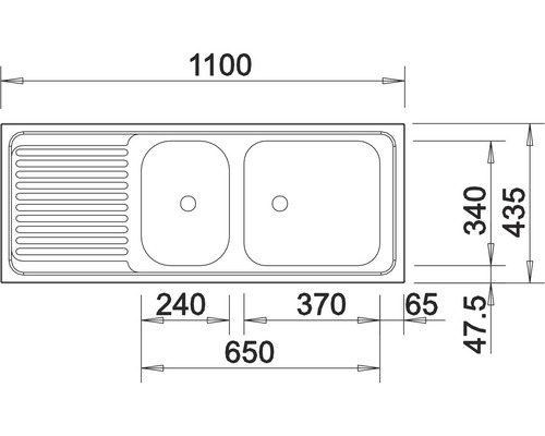 Technische tekening van een spoelbak met afmetingen
