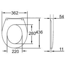 Technische tekening van een toiletbril met maatvoering