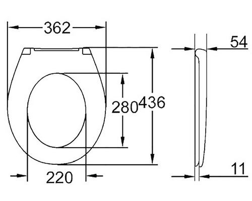 Technische tekening van een toiletbril met maatvoering