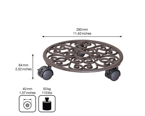 Metalen plantenroller met wielen, diameter 290 millimeter