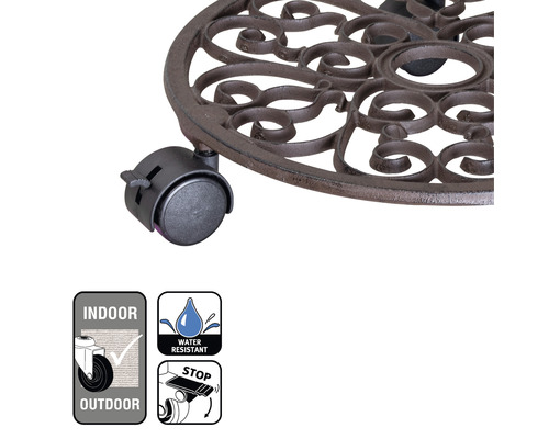 Plantenroller van metaal met wielen en decoratieve ornamenten