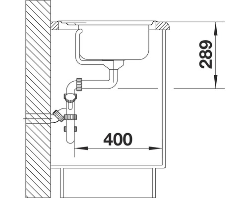 Technische tekening van een spoelbak met de afmetingen 289 en 400.