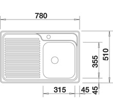 Tekening van een spoelbak met afmetingen: 780 x 510 millimeter