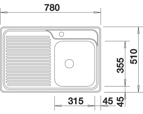 Tekening van een spoelbak met afmetingen: 780 x 510 millimeter