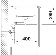 Tekening van een wasbak met sifon en de afmetingen 400 en 289 millimeter